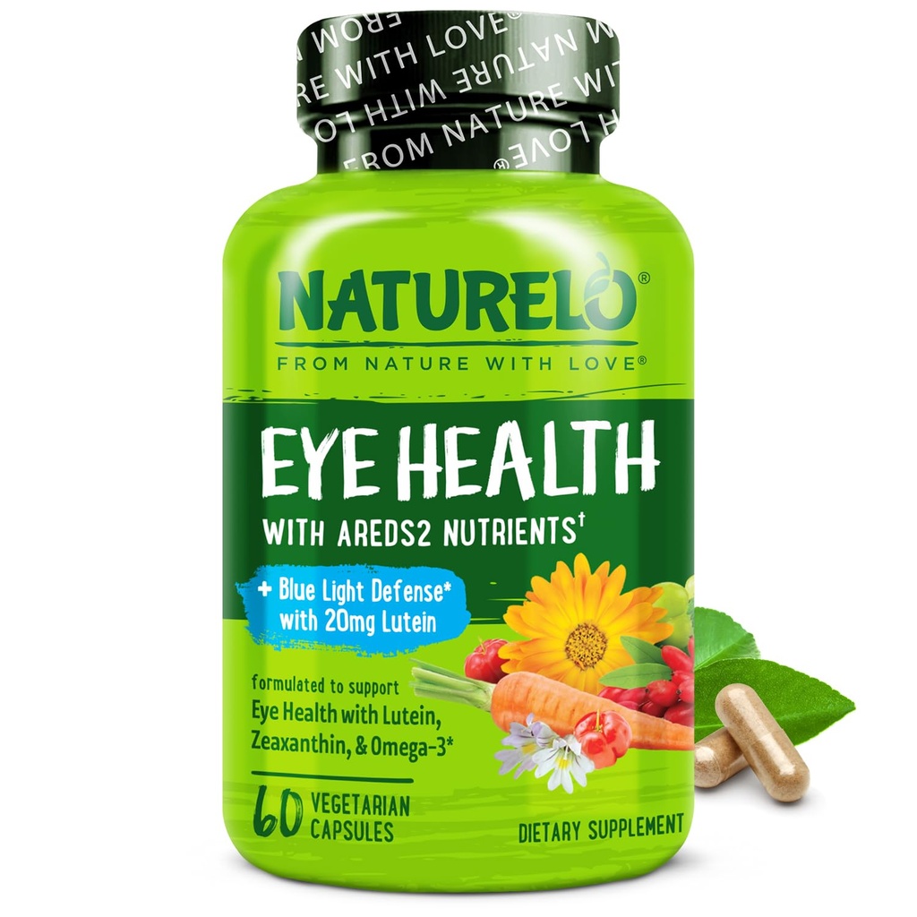 NATURELO silma vitamiinid - AREDS 2 valem toitained luteiini, Zeaxanthin, vitamiin C, E, tsink, pluss DHA - toidulisand kuivadele silmadele, tervislikule nägemisele, silmahooldusele - 60 vegankapslit