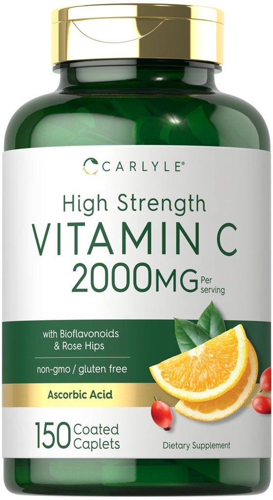Carlyle Vitamiin C 2000mg | koos Rose Hips | 150 Caplets | Taimetoitlane, mitte-GMO, Gluteenivaba toidulisand