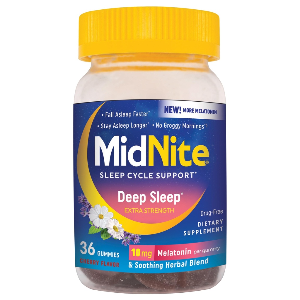 MidNite Deep Sleep Extra Tugevus, 10 mg Melatoniini Uneabi, Mitte-Habit Forming, Taimsed Toidulisandid Täiskasvanutele, Ravimivaba, Gluteenivaba, Laktoosivaba, Taimetoitlane-sõbralik, 36 Gummies