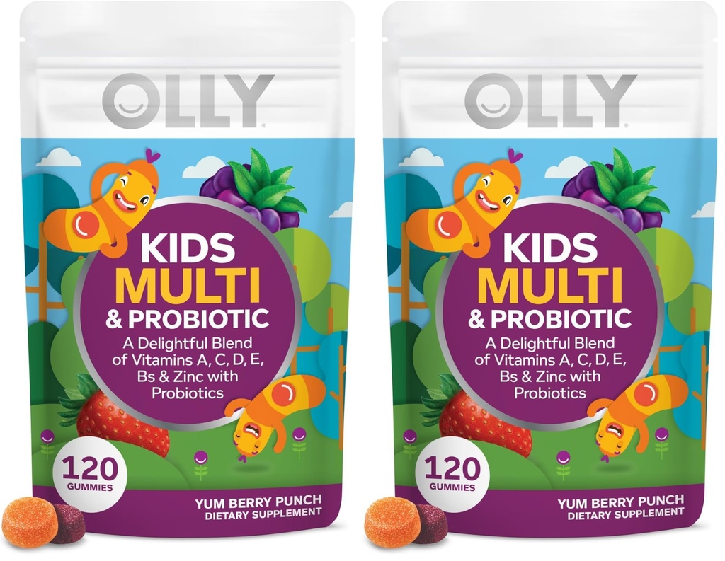 OLLY Kids Multivitamin & Probiotic Gummy,Digestive Support,Vitamins A,D,C,E,B,Zinc,Chewable Supplement,Berry Flavor,60 Day Supply -,120 Count (Pack of 2)