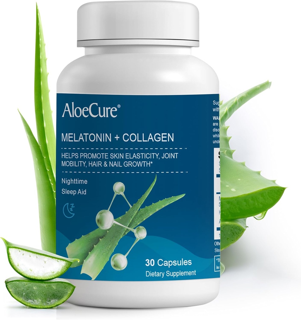 AloeCure looduslik melatoniin + kollageen orgaanilise Aloe Vera - looduslik uneabilisa rahutute ööde jaoks - kollageeni kompleks liigese tugevuseks, naha elastsuseks, juuste ja küünte kasvuks, 30 kapslit