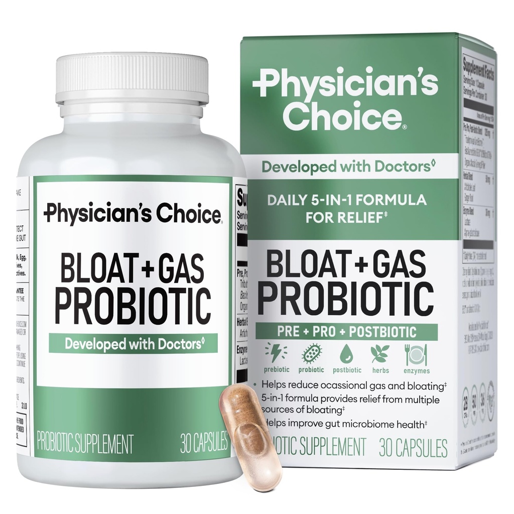 Arsti valik Bloat & Gas Probiootikum 5-in-1 Proactive Support + Daily Relief - Seedimine & Soolestiku Tervis - Taimed, seedetrakti ensüümid, Post & Prebiootikumid - Gas Relief täiskasvanutele - Naised ja mehed - 30ct