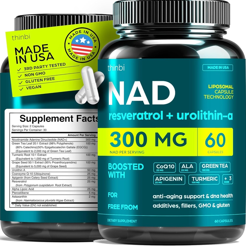 NAD-i lisa 300Mg ekstra tugevus NMN Alternatiivne liposoomne + roheline tee naistele ja meestele w / urolitiin A, resveratrool, CoQ10, alfa-lipohape