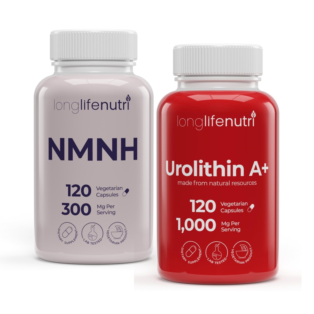 LongLifeNutri NMNH 300 mg & Urolithin A+ 1000 mg Bundle – 120 Veg Capsules Each, 2-Month Supply, Cellular Energy & Longevity Support, Lab Tested, Made in USA
