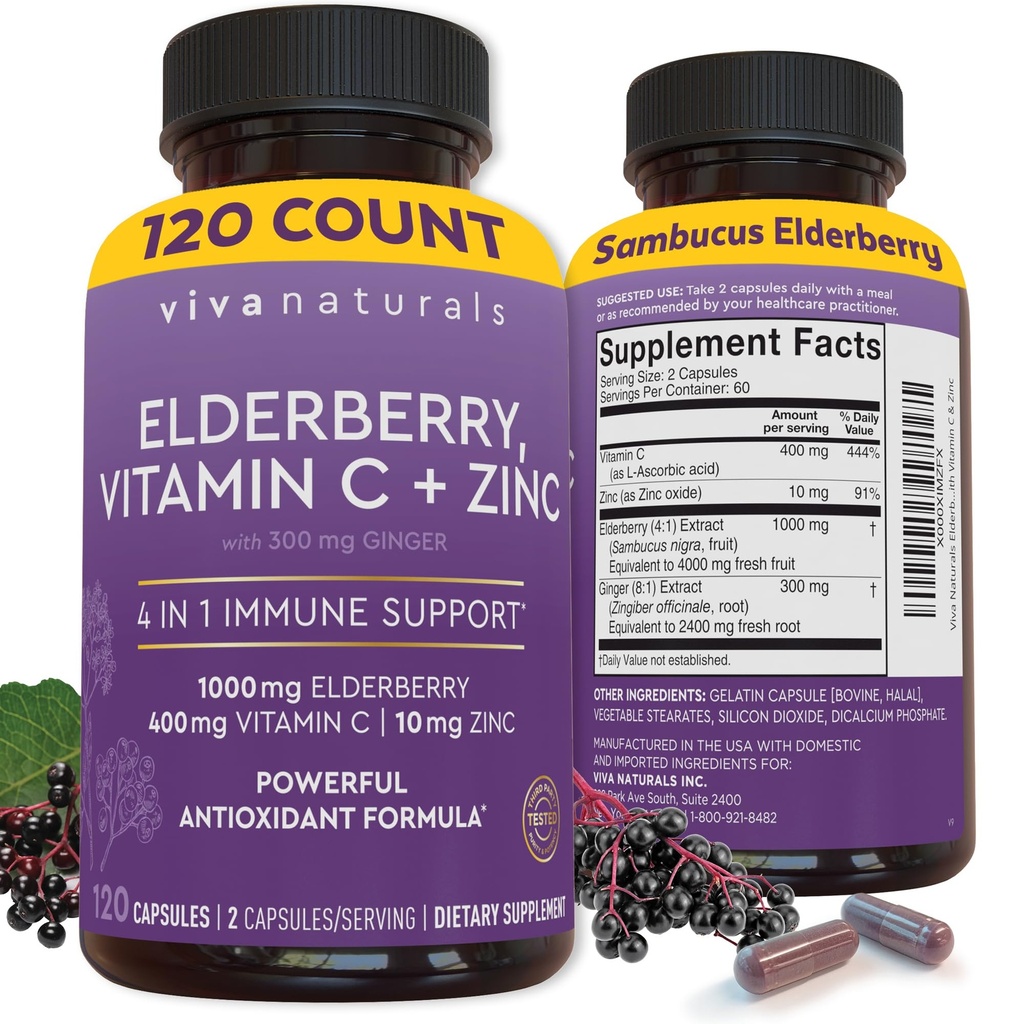 Viva Naturals Elderberry vitamiin C ja tsink (120 kapslit) - 1000mg Sambucus Elderberry Immune Support Supplement, Black Elderberry kapslid täiskasvanutele, Elderberry vitamiinid - 2 kuud pakkumine