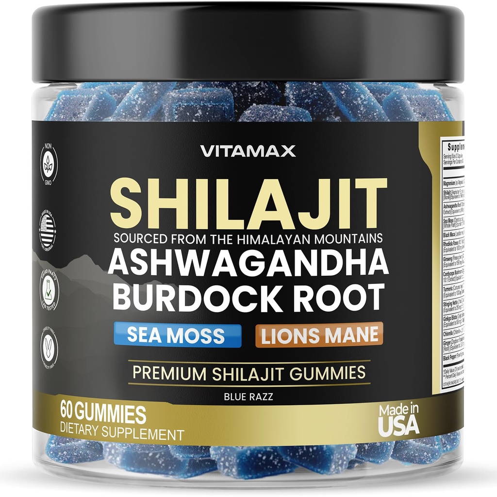 Pure Shilajit Gummies, Sea Moss, Ashwagandha, 105+ Trace Minerals – Organic Burdock Root & Lions Mane Seene - Blue Razz - Vegan & Non-GMO - Made in USA - 60ct