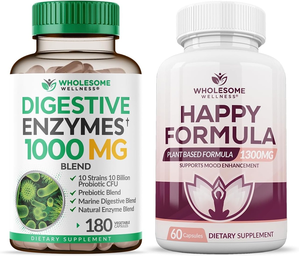 Terve heaolu seedetrakti ensüümid 1000MG Plus Prebiootikumid ja probiootikumid Täiendus + Happy Formula Natural Stress Formula Relief Supplement for Women & Men Bundle