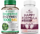 Terve heaolu seedetrakti ensüümid 1000MG Plus Prebiootikumid ja probiootikumid Täiendus + Happy Formula Natural Stress Formula Relief Supplement for Women & Men Bundle
