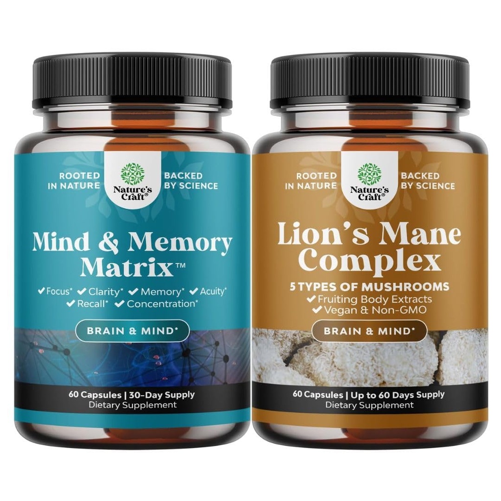 Bundle of Nootropic Brain Supplement for Mental Health & Selgus VIT A, B6, Riboflaviini, Niatsiini, Tiamiini, Folaadi ja Advanced Lion Mane Seene Täiendus - Aju Tervise Mälu Tugi & Fookus