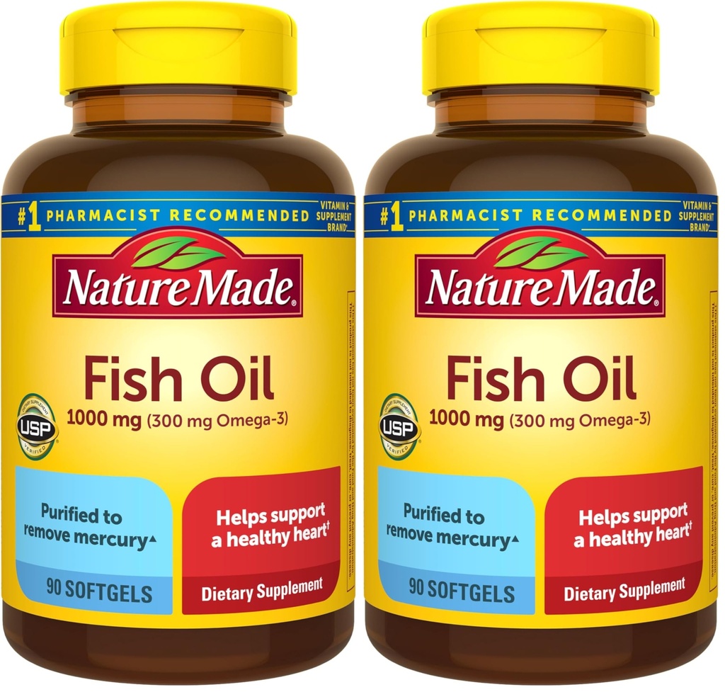 Nature Made Fish Oil Omega 3 toidulisandeid, 1000 mg Softgels, Omega 3 kalaõli tervisliku südame toetamiseks, 90 Softgels, 45 päeva pakkumine (pakk 2)