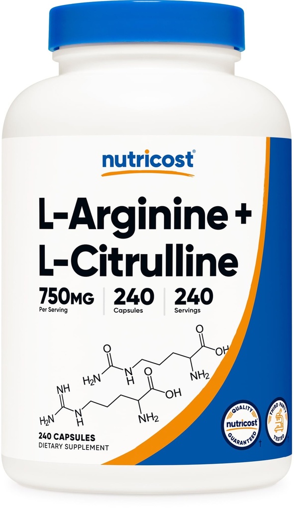 Nutricost L-arginiin L- tsitrulliini kompleks 750mg, 240 kapslit - mitte-GMO