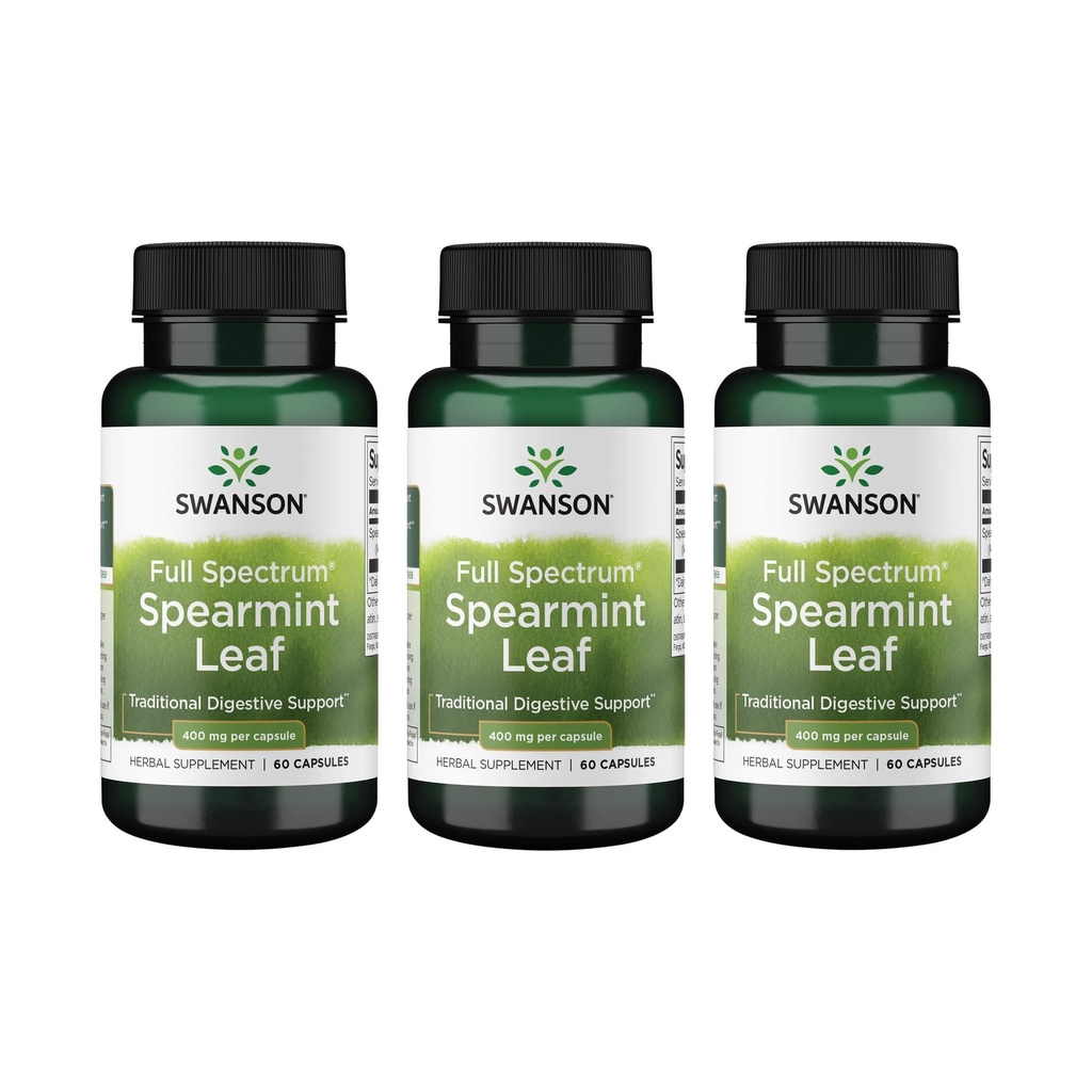 Swanson Spearmint Leaf (Mentha Spicata) - täisspektri taimset lisandit, mis toetab seedetrakti tervise ja kerge kõhu probleeme - (60 kapslit, 400 mg iga) 3 pakendit