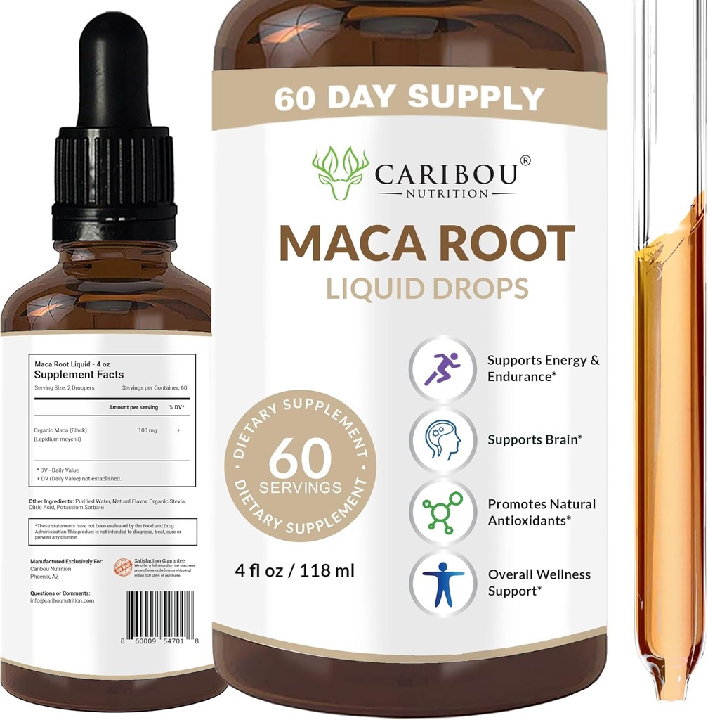 Maca juure vedelikutilgad | Premium Organic Maca juure ekstrakt | Maca täiendus täiustatud meeleolu ja vitaalsuse jaoks | 60 Servings | 4 Fl Oz