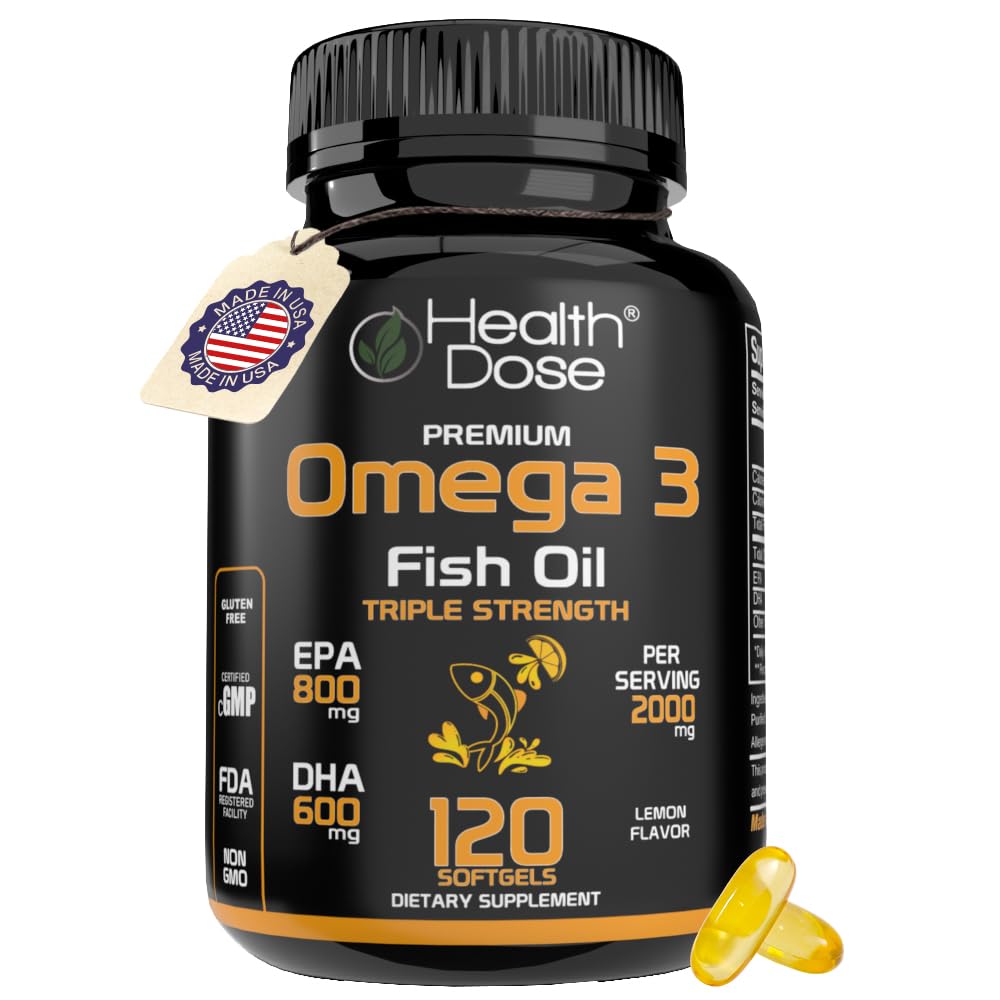 Tervislik annus Omega 3 kalaõli 2000mg - sidrunimaitselised softgelid EPA 800mg ja DHA 600mg aju, südame ja heaolu toetamiseks - lihtne seedimine, kalapuru - 120 softgels, 2-kuuline pakkumine