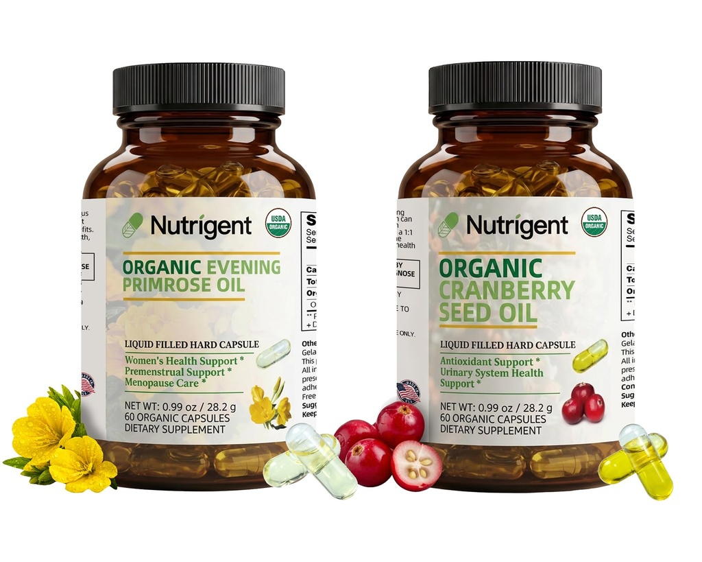 Organic Evening Primrose Oil + Cranberry Seed Oil Supplement Bundle, 940 mg Each, 100% Pure with Omegas & GLA, Cold Pressed Liquid Organic Capsules, Women’s Health, Skin Support