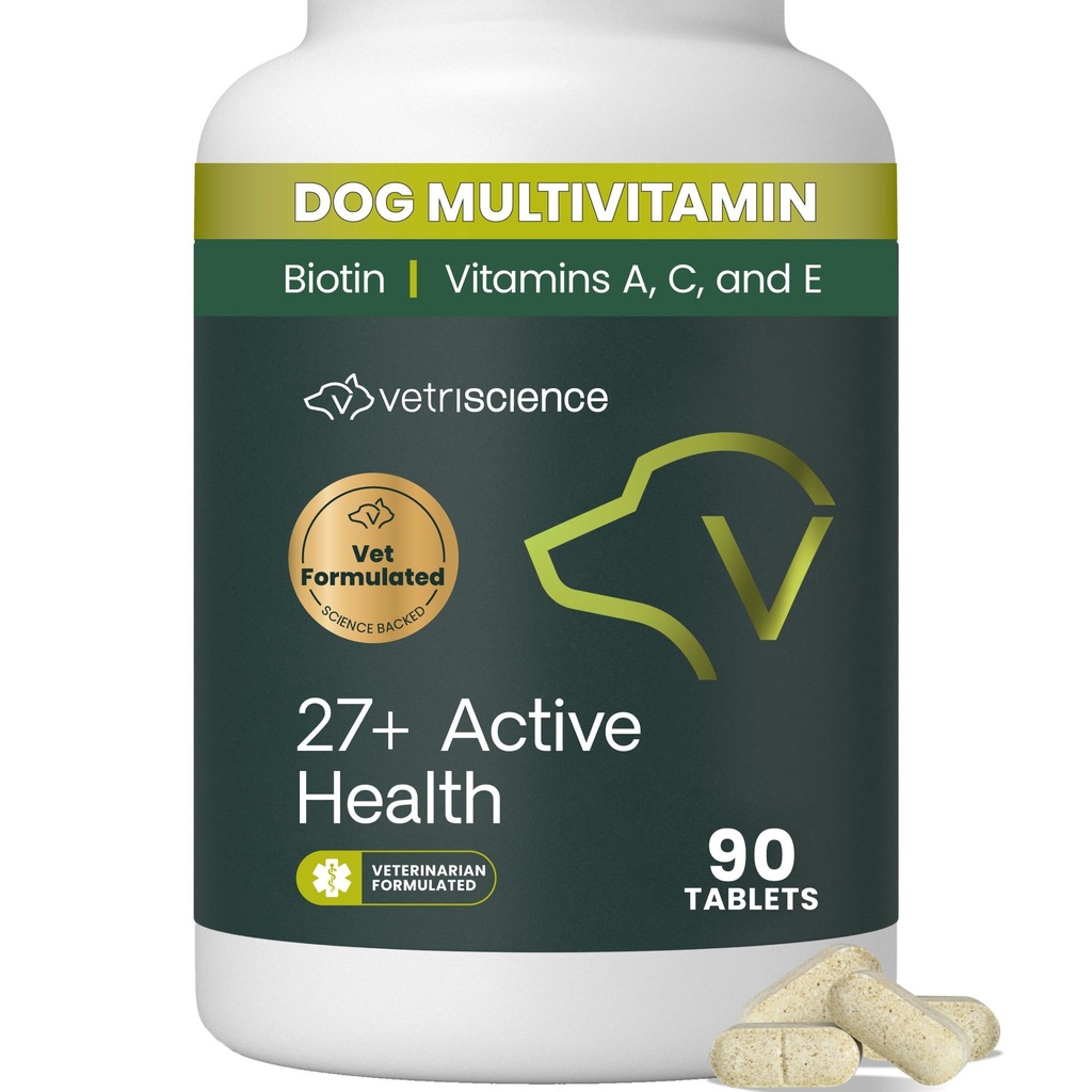 VetriScience 27+ Active Health närimistabletid, koer pluss igapäevane multivitamiin kutsikatele ja täiskasvanud koertele, tasakaalustatud vitamiinid, mineraalid ja antioksüdandid, tervise ja heaolu tugi, Part, 90 Count