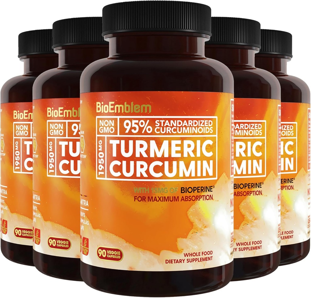 BioEmblem Turmeric Curcumin Supplement koos BioPerine | Ühine tugi ja südame tervis | orgaaniline kurkum pulber ja 95% kurkuminoidide ekstrakt | California valmistatud, mitte-GMO, 150-päevane pakkumine
