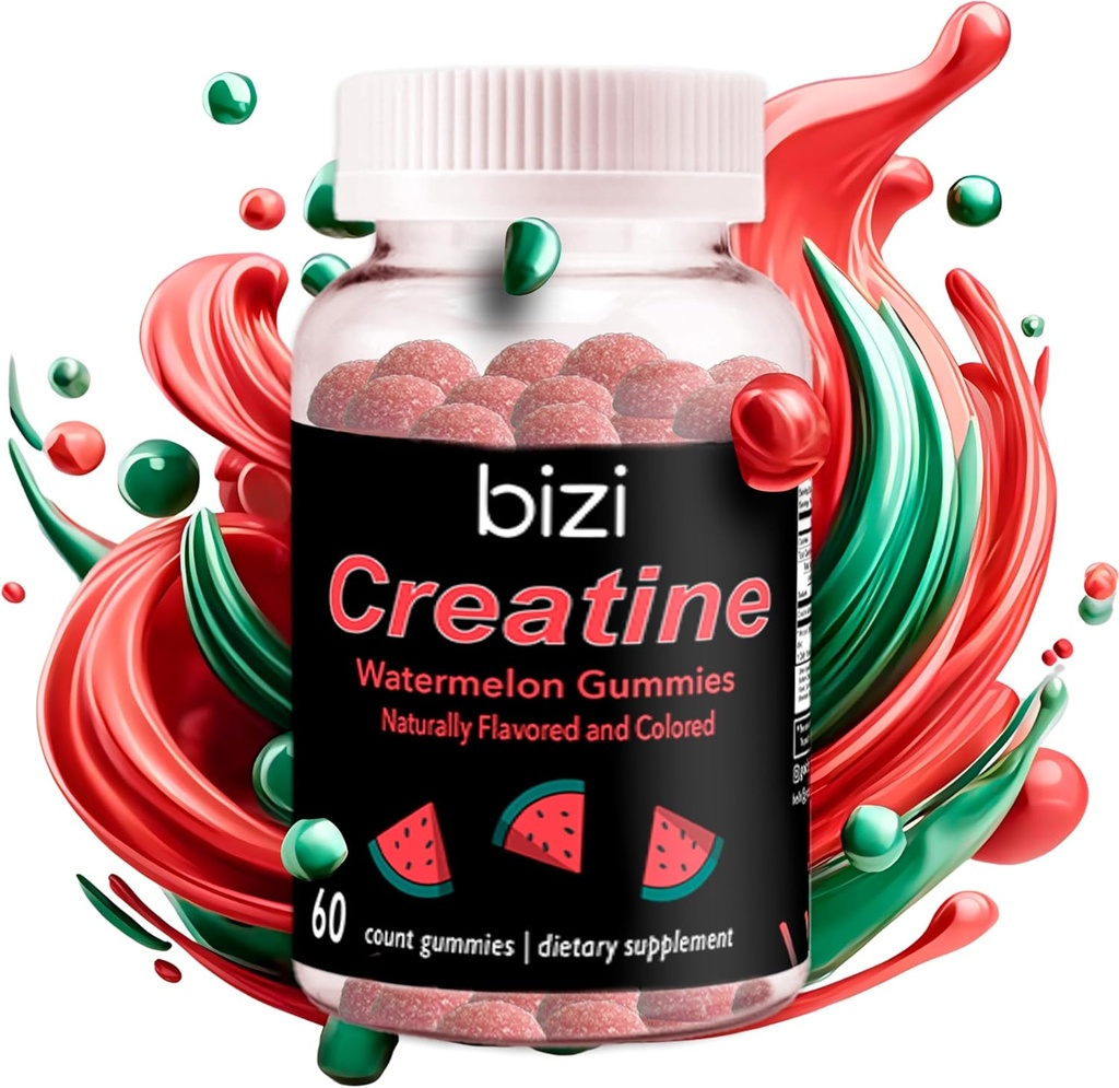 Bizi kreatiini arbuusikummid meestele ja naistele, kreatiini monohüdraatkummid, arbuusimaitse kreatiinkummy, treening, lihaste kasv ja taastamine Supplement, Vegan & Gluteenivaba (60 ct)