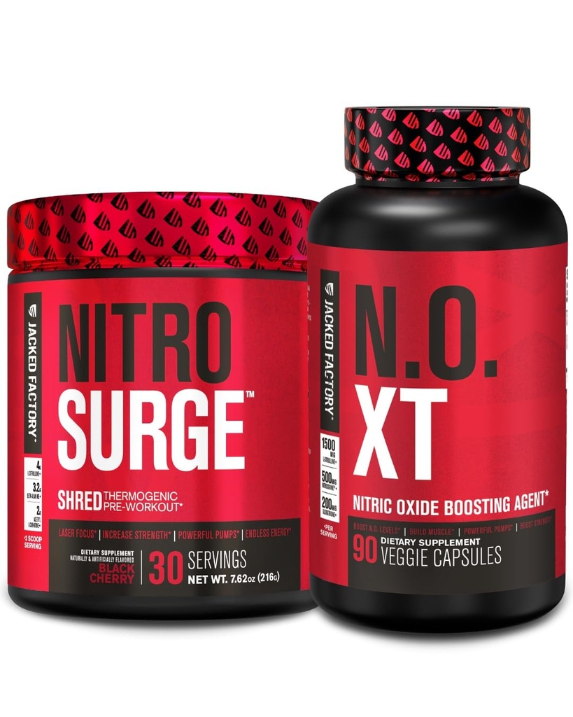 Jacked Factory Nitrosurge Shred Thermogenic Pre Workout in Black Cherry & N.O. XT Lämmastikoksiidi Booster meestele ja naistele