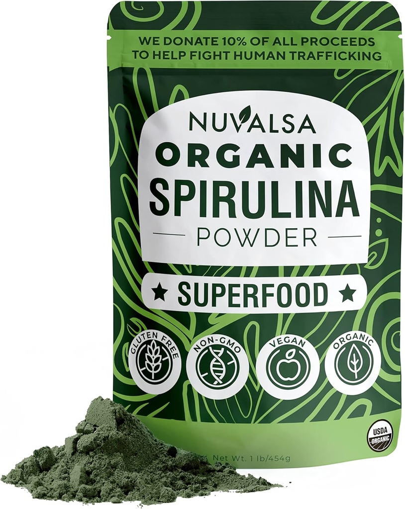 Nuvalsa Organic Spirulina Powder 1lb - 100% puhas superfood Supplement Blue Green Vegae Non GMO Smoothie & Protein Drink, Vegan & USDA Certified Organic - 100 Servings