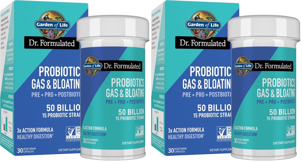 Formuleeritud Pre, Post & Probiootikumid Gaas ja Bloating Üks kord päevas 3-in-1 täielikud prebiootikumid, postbiootikumid ja probiootikumid - 50 miljardit CFU, mitte-GMO, gluteenivaba, 30 päeva pakkumine, (pakk 2)