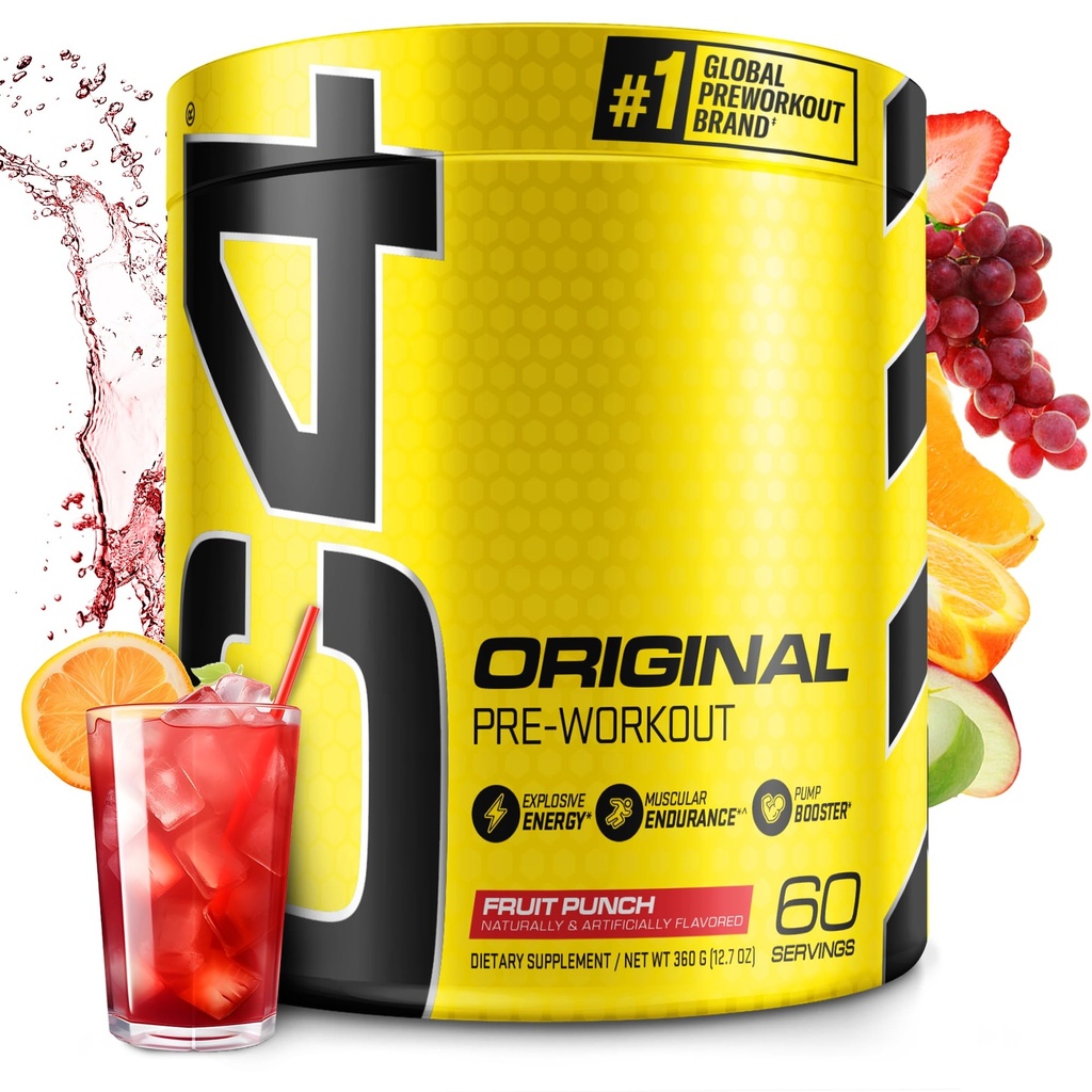 C4 Original Pre Workout Pulber Fruit Punch - C-vitamiin immuunsuse toetamiseks - suhkruvaba eeltreeningu energia meestele ja naistele - 150mg kofeiini + beeta-alaniin + kreatiini - 60 serveerimist