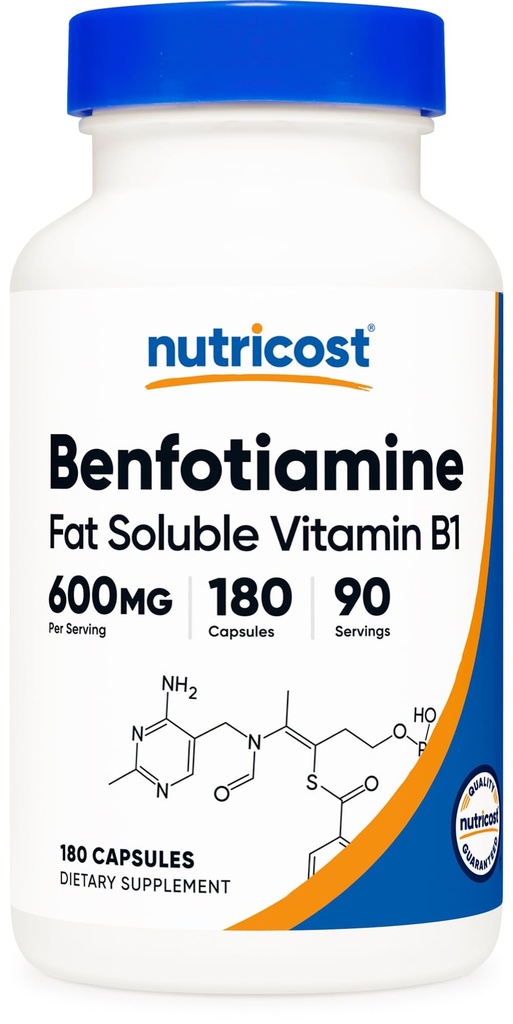 Nutricost Benfotiamine (600 mg) 180 Capsules - Fat Soluble Vitamin B1, Gluten Free, Non-GMO, Vegan, 90 Servings