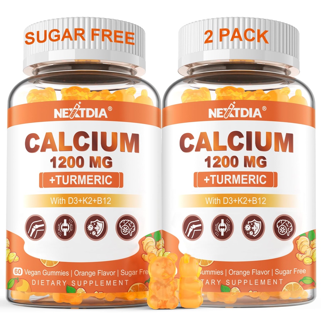 Kaltsium 1200 mg koos D3-vitamiini kummidega - kaltsium + kurkumiline lisand naistele ja meestele vitamiin K2 B12 - tugiluu ja lihased - suhkruvaba - vegan (120 loend)