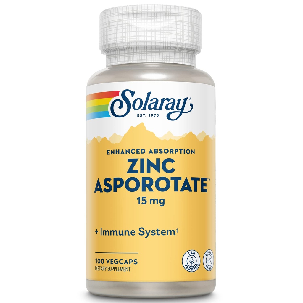 Solaray Tsink Asporotate 15mg Kelate kompleks | Immuunsüsteemi ja endokriinsüsteemi tugi, Raku ja naha tervise valem, 100 VegCap
