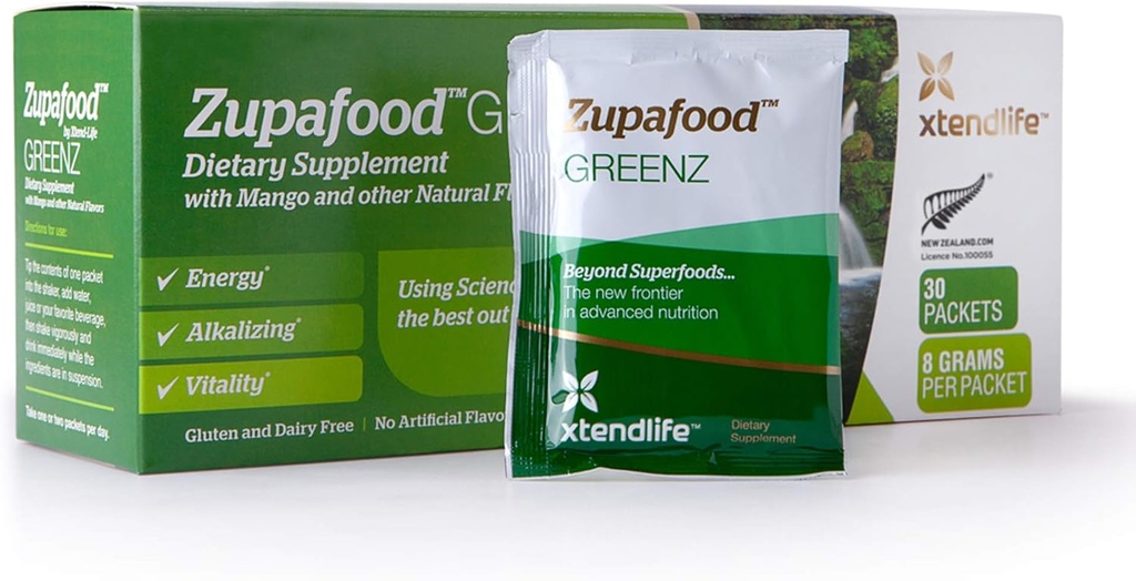 Xtendlife Zupafood GREENZ Powder - Organic Greens Pulber Superfood Detox Mahl Segu Spirulina / Nisuheinaga soolestiku tervise, loodusliku detoksifitseerimise ja tugeva immuunsuse jaoks | 30 pakendit (Vegan & Gluteenivaba)
