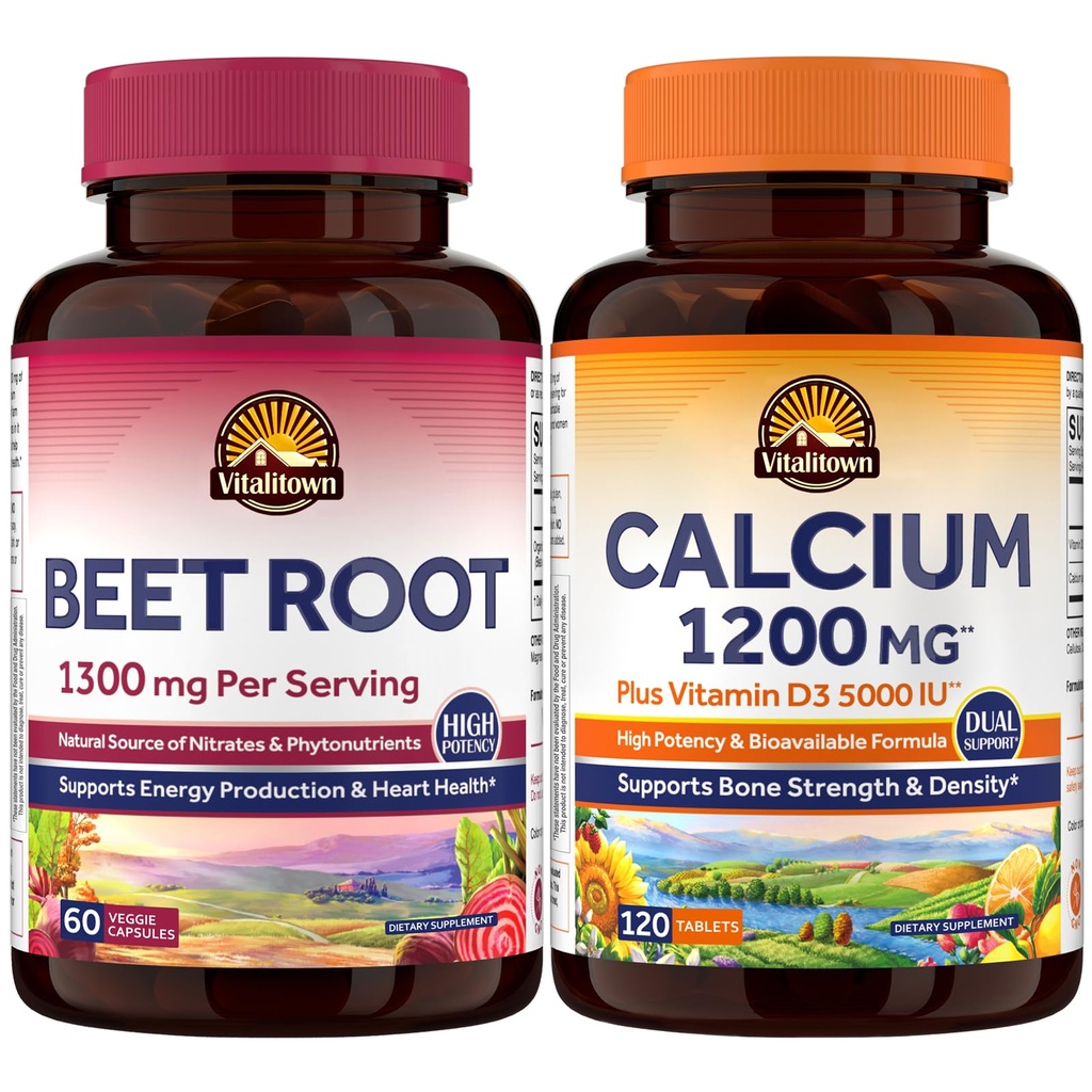 Vitalitown Beet Root and Calcium Bundle: Natural Nitric Oxide Booster for Heart Health & Energy, with Calcium and D3 for Bone Strength & Immune Support
