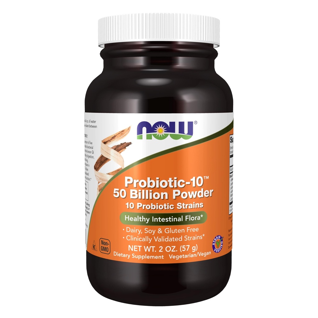 NOW Supplements, probiootiline-10TM pulber, 50 miljardit, 10 probiootilise tüvega, tüvi kontrollitud, 2-kordne