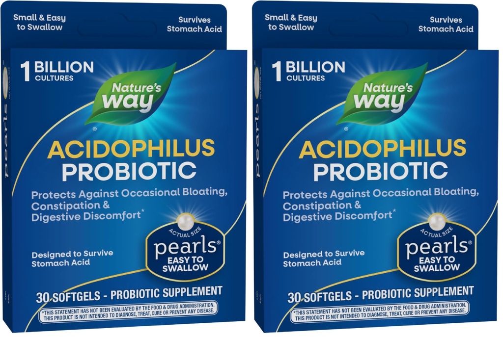 Nature's Way Acidophilus Probiootilised Pärlid, Toetab Seedetrakti Tasakaalu Ja Soolestiku Tervist, Vähendab Aeg-ajalt Kõhukinnisust Ja Puhumist *,1 Miljardi Kultuuri,30 Softgels,(Pakk 2)