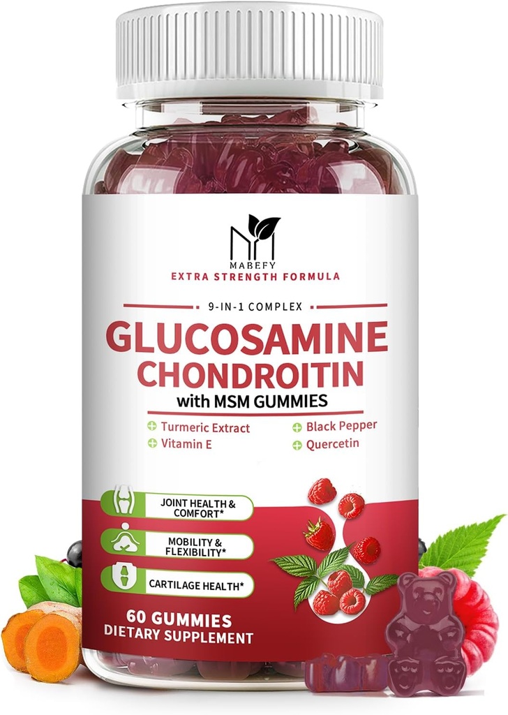 Glükoosamiin Kondroitiin Gummies Kolmekordne tugevus (1 000mg Glükosamiini, 750mg Kondroitiin) MSM, kurkum, kvertsetiin, E-vitamiin, ühine tugilisand, antioksüdant 60 Gummies Vaarikamaitse