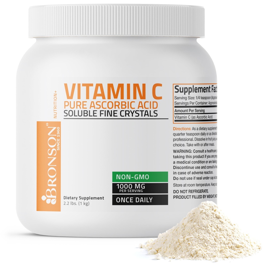 Bronson C-vitamiin Pulber puhas askorbiinhape Lahustuv peen mitte-GMO kristallid - soodustab tervislikku immuunsüsteemi ja rakkude kaitset - võimas antioksüdant - 1 kilogramm (2,2 naela)