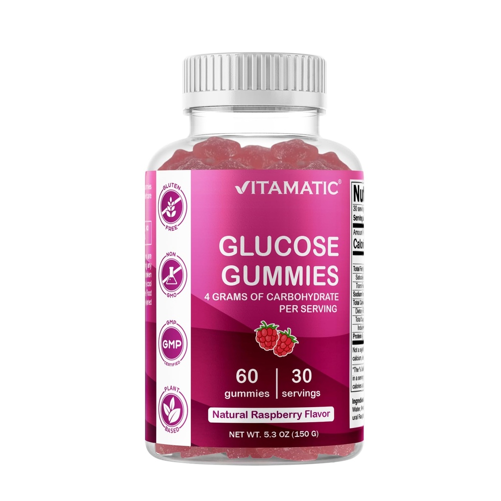 Vitamaatiline glükoos närimiskummid - 60 krahv - looduslik vaarikamaitse - 4G süsivesikuid serveerimise kohta (1 pudel)