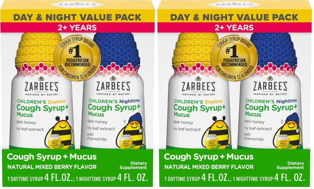 Zarbee's Children's Honey Cough Syrup + Licus Day & Night Value Pack, Daytime & Nighttime Toddler Cough Syrup,Dark Honey,Ivy Leaf Extract,Chamomile,Mixed Berry Flavor,4 Fl Oz,(Pack of 4)