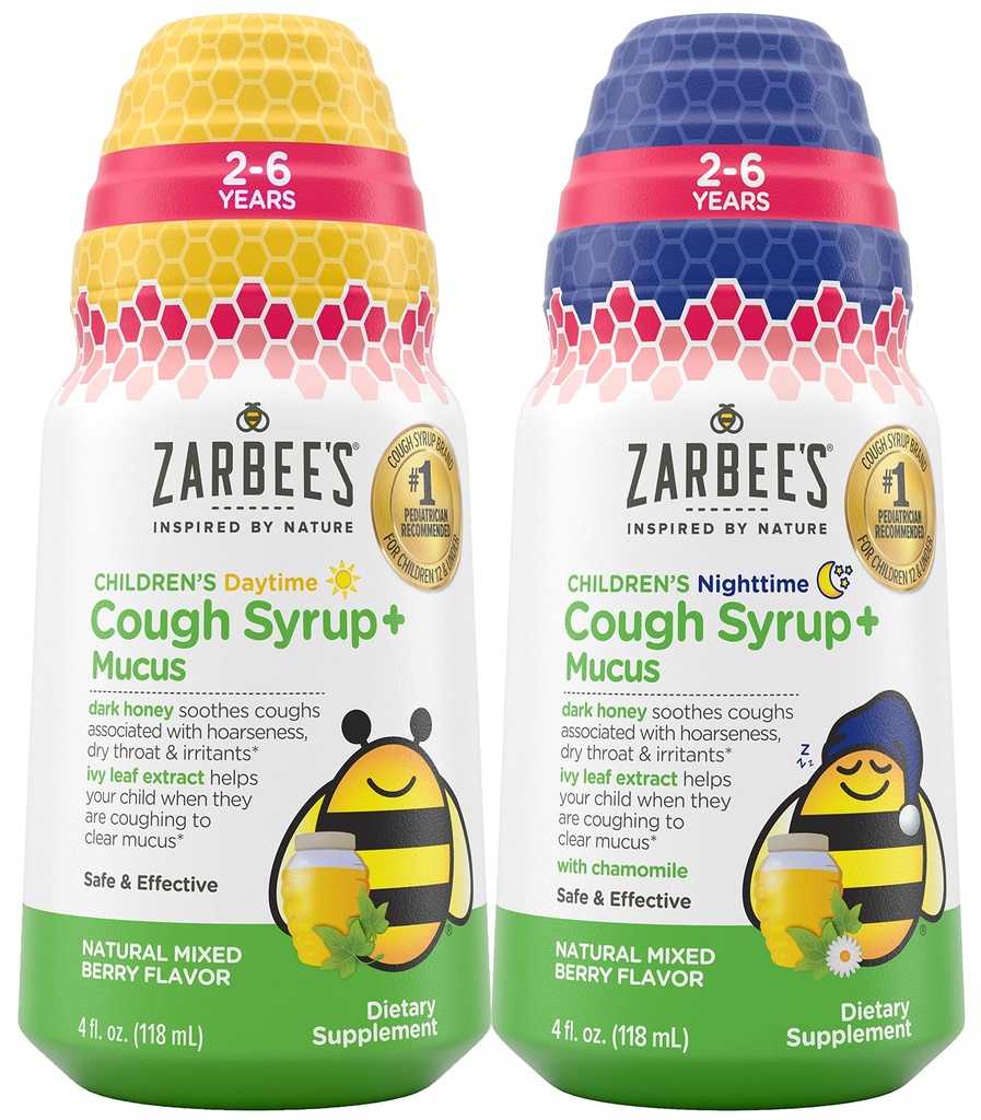 Bundle of Zarbee's Kids Cough + Licus Daytime and Nighttime for Children 2-6 with Dark Honey, Ivy Leaf, Zinc & Elderberry, 1 Pediatrician Recommended, Drug & Alcohol-free, Mixed Berry Flavor, 4FL Oz
