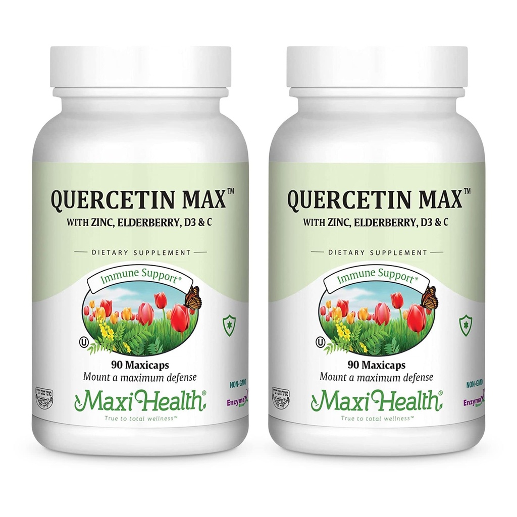 Maxi Health Quercetin 500mg kapslid - tsingi lisandid naistele ja meestele - mitte-GMO, Kosher ja gluteenivaba kvertsetiini lisandid Elderberry C-vitamiini ja tsingiga (90 Veg kapslit, pakend 2)