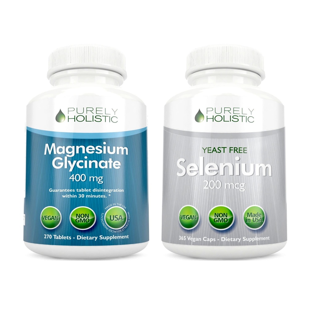 Magneesiumglütsinaat 400mg + Selenium 200mcg - Vegan Bundle - 270 tabletti ja 365 kapslit - valmistatud USAs