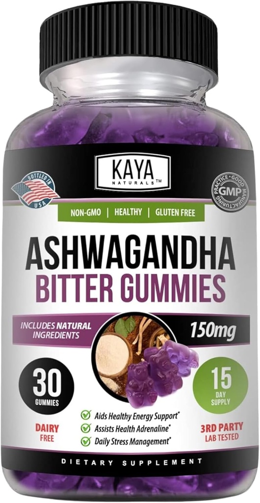 Kaya Naturals Ashwagandha Bitter Gummies - loodusliku stressi leevendamine, energia suurendamine ja vaimne selgus, mitte-GMO, gluteenivaba, närimiskummid - 30 loend