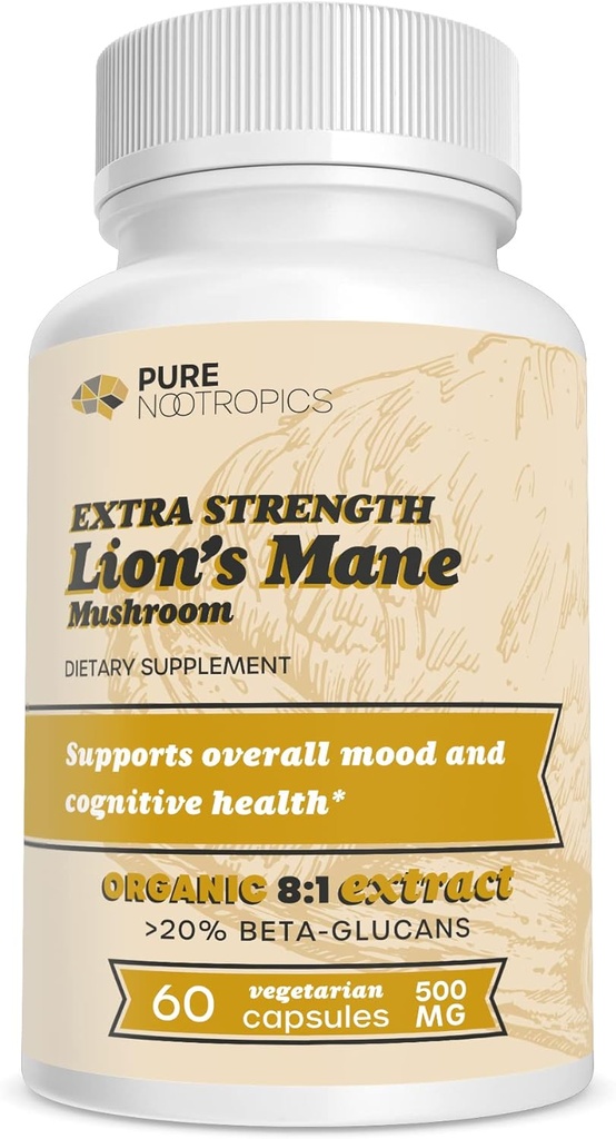 Pure Nootropics - Organic Lion's Mane 8: 1 Seene 500 mg | Dual Extract | 60 Vegetarian Caps | > 20% beeta-glükaanid | Hericium erinaceus | Brain Health