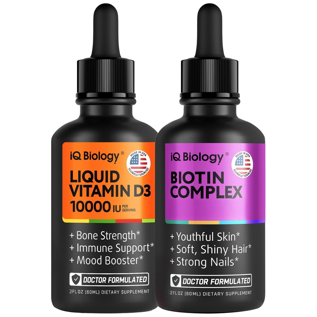 Liquid Biotin & Vitamin D3 Drops – Advanced Hair, Skin, Nail & Bone Support Bundle for Women & Men – Extra Strength Biotin, Collagen & Keratin with Vitamin D3 for Immunity, Teeth & Muscle Health