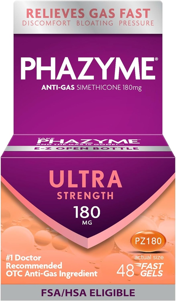Phazyme Gas Relief, Ultra Strength Gas ja Bloating Relief täiskasvanutele, 180 mg Simethicone Fast Gels, 48 Count