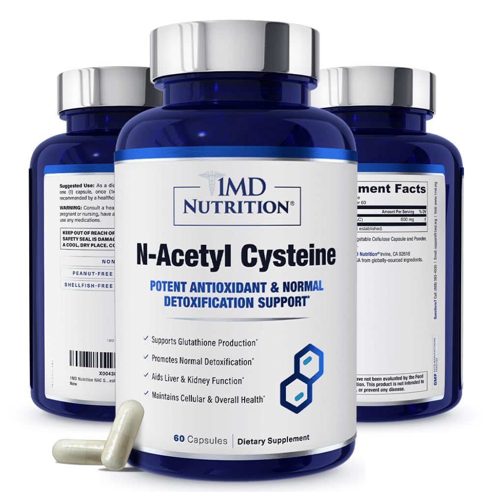 1MD Toitumine NAC Täiendus N-atsetüültsüsteiin - NAC 600 mg - Antioksüdandid toetavad detoksi ja glutatiooni tootmist - N atsetüültsüsteiini hingamislisand kopsude tervisele - 60 kapslit
