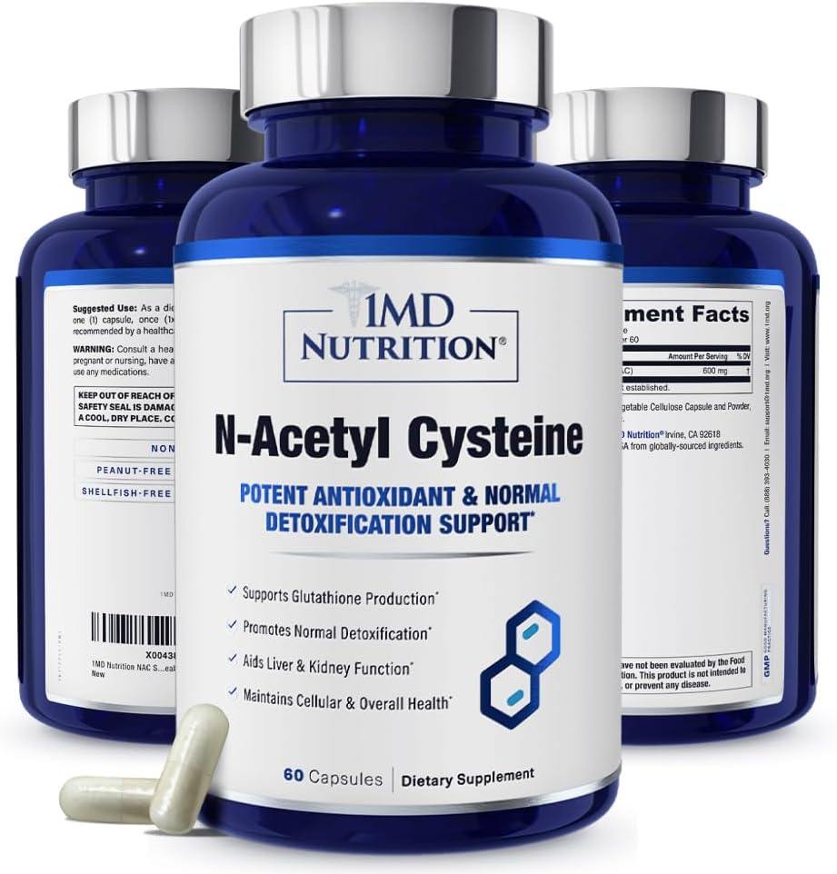1MD Toitumine NAC Täiendus N-atsetüültsüsteiin - NAC 600 mg - Antioksüdandid toetavad detoksi ja glutatiooni tootmist - N atsetüültsüsteiini hingamislisand kopsude tervisele - 60 kapslit
