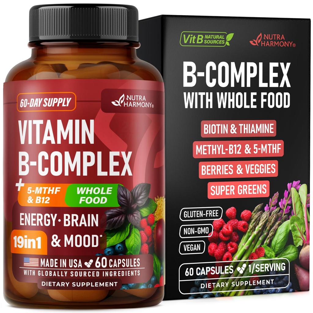 B-vitamiini kompleks - B1 | B2 | B3 | B5 | B6 | Biotiin | B12 | 5-MTHF - Astragalus & Terve toidu segu - energia, ainevahetus ja aju - vitamiinid B naistele ja meestele - valmistatud USAs - 60 kapslit, 60 päeva pakkumine