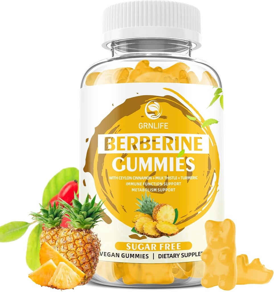 Berberine Gummies koos Ceylon Cinnamon 1500mg kõrge potentsi Berberine HCL täiendus immuunsüsteemi ja ainevahetuse toetamine, suhkruvaba, ananassimaitse - 60 Count