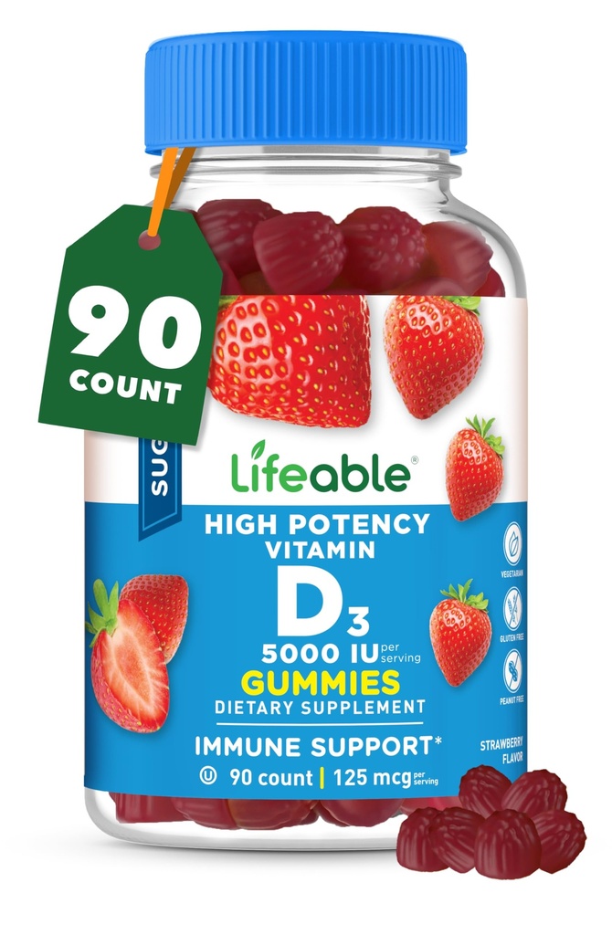 Elujõuline Suhkruvaba Vitamiin D 5000 RÜ - Hea maitsega looduslik maitsega Kummilisand - Gluteenivaba Taimetoitlane GMO-vaba närimiskõlblik - Immuunsüsteemi toetamiseks ja luude terviseks - täiskasvanutele - 90 Gummies