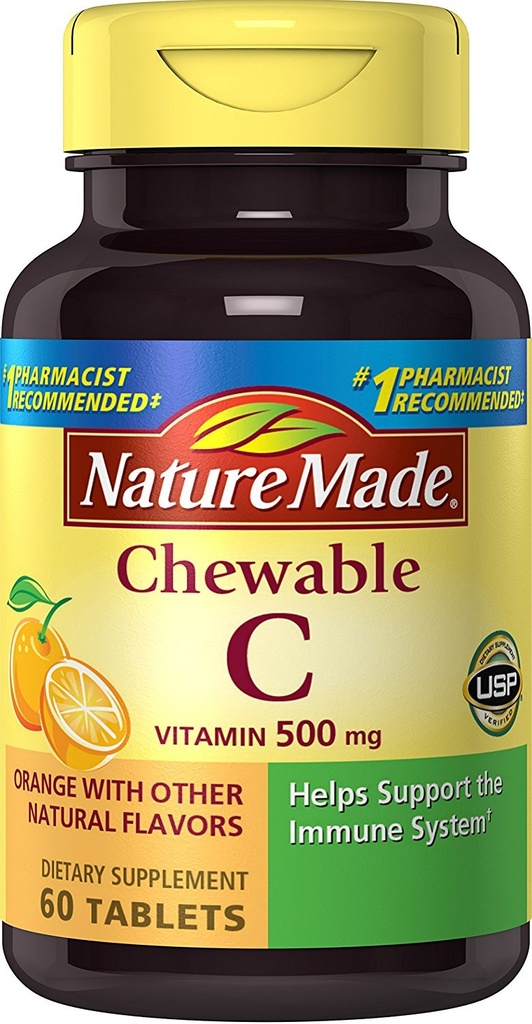 Nature Made närimistable C 500 mg tabletid, 60 loendada, et aidata toetada immuunsüsteemi (pakend 3)